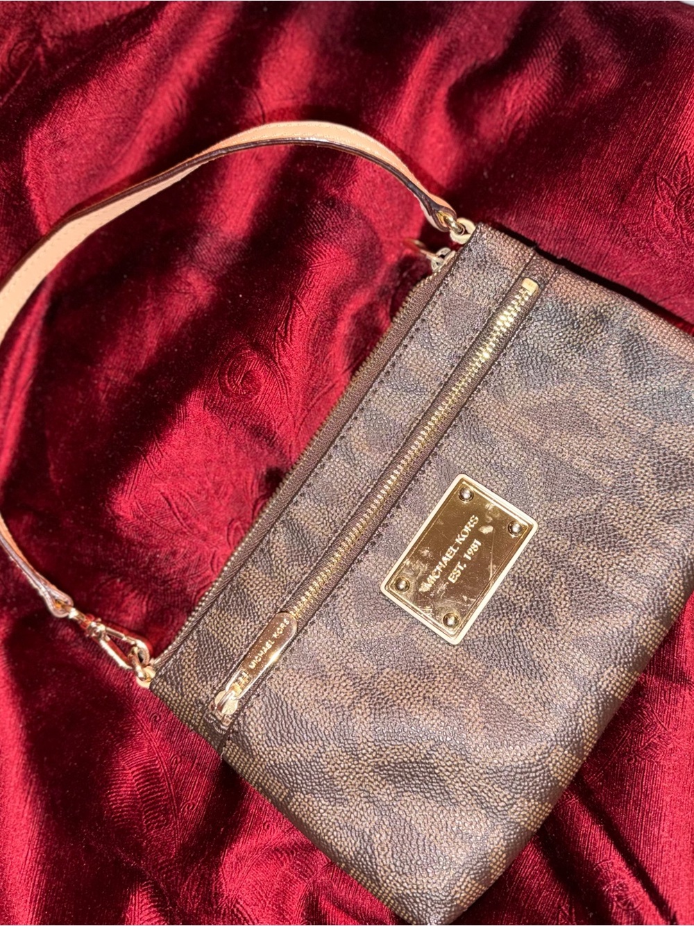 Michael Kors Brown Monogram Wristlet with Gold Hardware